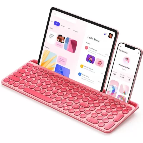 seenda Bluetooth Keyboard for iPad 24G  Bluetooth MultiDevice Typewriter Keyboard with Number Pad Tablet Holder for iPad Tablet Andriod Phone MacBookWindows PC Desktop Barbie PurpleRose Pink