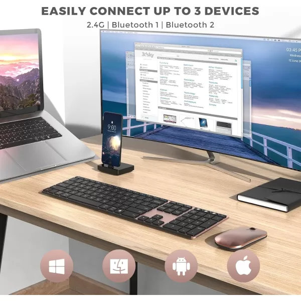 seenda Bluetooth Keyboard and Mouse Combo USB  Dual BT MultiDevice Rechargeable Wireless Bluetooth Mouse and Keyboard Compatible for Win 7810 MacBook ProAir iPad Tablet  Black Rose GoldBlack Rose Gold