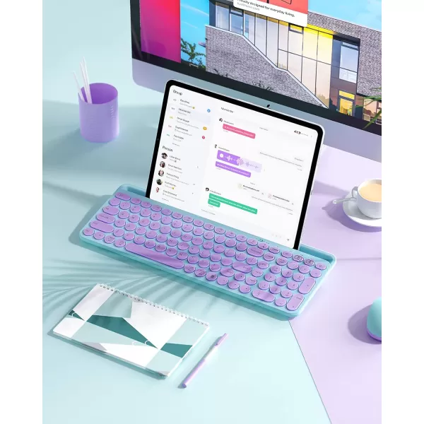 seenda Bluetooth Keyboard for iPad 24G  Bluetooth MultiDevice Typewriter Keyboard with Number Pad Tablet Holder for iPad Tablet Andriod Phone MacBookWindows PC Desktop Barbie PurplePurple  Mint green
