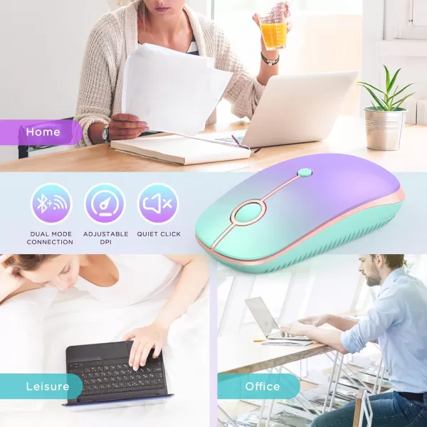 seenda Bluetooth Mouse  Dual Mode Bluetooth 40  24GHz Mouse with USB Receiver Wireless Slim Portable MultiDevice Mice for iPad MacBook Laptop PC Gradient Mint Green to Purple