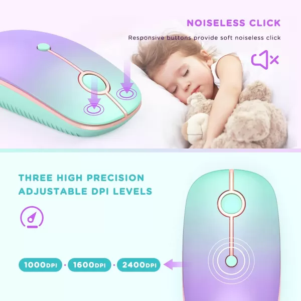seenda Bluetooth Mouse  Dual Mode Bluetooth 40  24GHz Mouse with USB Receiver Wireless Slim Portable MultiDevice Mice for iPad MacBook Laptop PC Gradient Mint Green to Purple