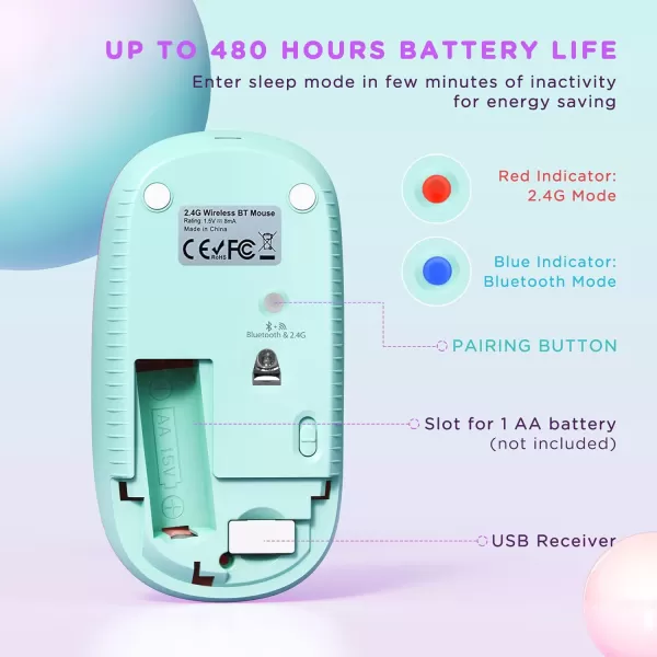 seenda Bluetooth Mouse  Dual Mode Bluetooth 40  24GHz Mouse with USB Receiver Wireless Slim Portable MultiDevice Mice for iPad MacBook Laptop PC Gradient Mint Green to Purple