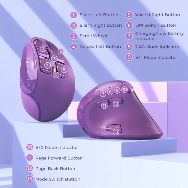 seenda Ergonomic Mouse Wireless Vertical Mouse  Rechargeable Optical Mice for MultiPurpose Bluetooth 50  Bluetooth 30  USB Connection Compatible Apple Mac Windows Computers  PinkPurple