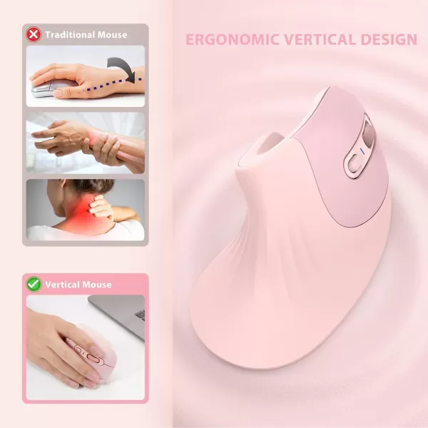 seenda Ergonomic Mouse with Jiggler  Wireless Vertical Mouse with Multi Device Connection Bluetooth or USB Reduces Wrist Strain Quiet Click Compatible with PC Laptop Mac Windows PurpleLight Pink