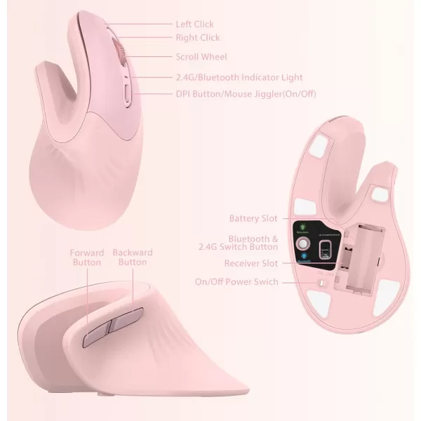 seenda Ergonomic Mouse with Jiggler  Wireless Vertical Mouse with Multi Device Connection Bluetooth or USB Reduces Wrist Strain Quiet Click Compatible with PC Laptop Mac Windows PurpleLight Pink
