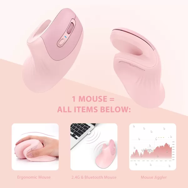 seenda Ergonomic Mouse with Jiggler  Wireless Vertical Mouse with Multi Device Connection Bluetooth or USB Reduces Wrist Strain Quiet Click Compatible with PC Laptop Mac Windows PurpleLight Pink