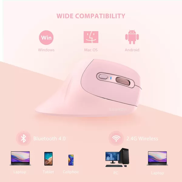 seenda Ergonomic Mouse with Jiggler  Wireless Vertical Mouse with Multi Device Connection Bluetooth or USB Reduces Wrist Strain Quiet Click Compatible with PC Laptop Mac Windows PurpleLight Pink