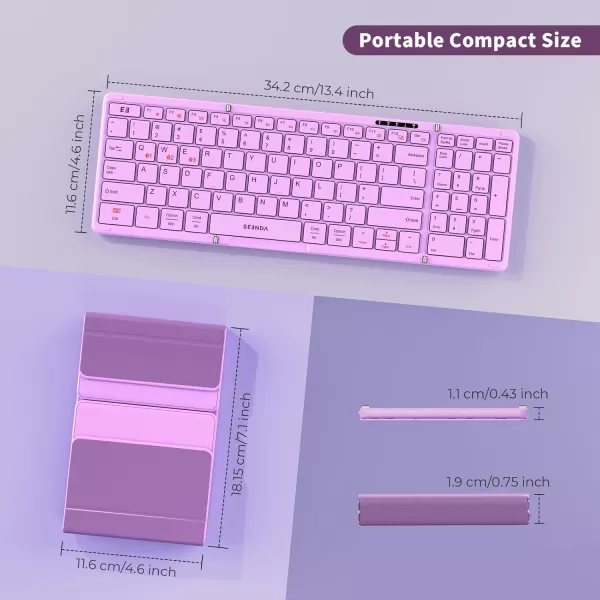 seenda Foldable Bluetooth Keyboard for Travel Portable Wireless Folding Keyboard with Number Pad FullSize Rechargeable Keyboard for Laptop Tablet PC Mac Windows iOS Android  Purple PinkPurple  Pink