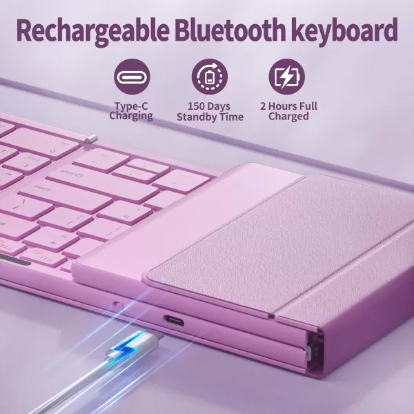 seenda Foldable Bluetooth Keyboard for Travel Portable Wireless Folding Keyboard with Number Pad FullSize Rechargeable Keyboard for Laptop Tablet PC Mac Windows iOS Android  Purple PinkPurple  Pink
