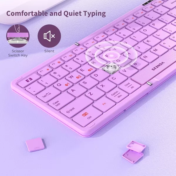 seenda Foldable Bluetooth Keyboard for Travel Portable Wireless Folding Keyboard with Number Pad FullSize Rechargeable Keyboard for Laptop Tablet PC Mac Windows iOS Android  Purple PinkPurple  Pink