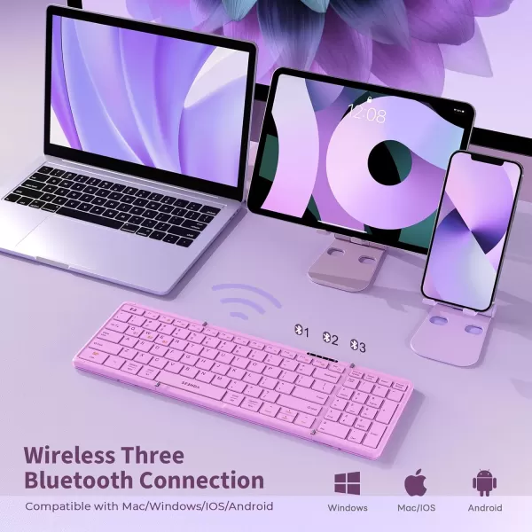 seenda Foldable Bluetooth Keyboard for Travel Portable Wireless Folding Keyboard with Number Pad FullSize Rechargeable Keyboard for Laptop Tablet PC Mac Windows iOS Android  Purple PinkPurple  Pink