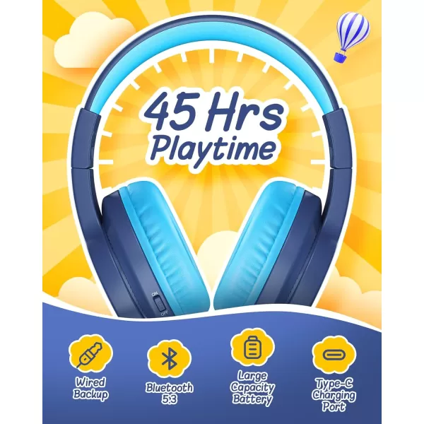 seenda Kids Bluetooth Headphones Colorful Wireless Over Ear Headset with 85dB94dB Volume Limited 45H Playtime 3 Lighting Modes Builtin Mic Headphones for Boys Girls iPad Tablet School Dark BlueDark Blue