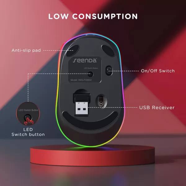 seenda Rechargeable Wireless Mouse Light Up Mouse for Laptop Small Cordless Mice with Quiet Click ampamp LED Lights for Kids Chromebook Windows Mac PC Computer  BlackBlack and Red