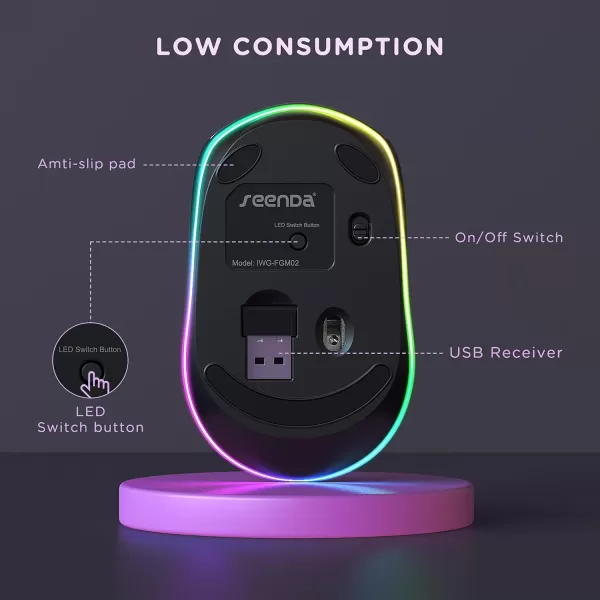 seenda Rechargeable Wireless Mouse Light Up Mouse for Laptop Small Cordless Mice with Quiet Click ampamp LED Lights for Kids Chromebook Windows Mac PC Computer  BlackPurple  Black Wireless Mouse