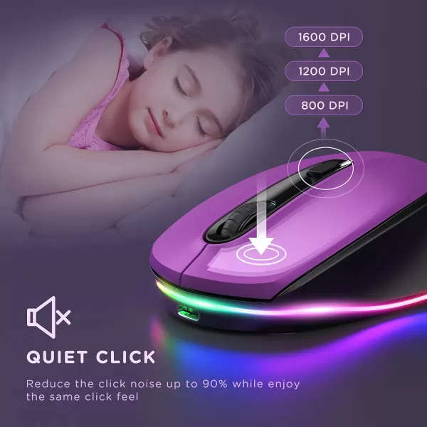 seenda Rechargeable Wireless Mouse Light Up Mouse for Laptop Small Cordless Mice with Quiet Click ampamp LED Lights for Kids Chromebook Windows Mac PC Computer  BlackPurple  Black Wireless Mouse
