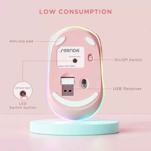 seenda Rechargeable Wireless Mouse Light Up Mouse for Laptop Small Cordless Mice with Quiet Click ampamp LED Lights for Kids Chromebook Windows Mac PC Computer  BlackB  Hot Pink