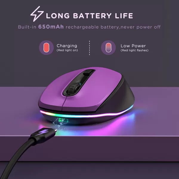 seenda Rechargeable Wireless Mouse Light Up Mouse for Laptop Small Cordless Mice with Quiet Click ampamp LED Lights for Kids Chromebook Windows Mac PC Computer  BlackPurple  Black Wireless Mouse