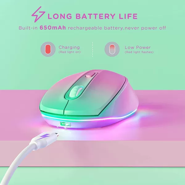 seenda Rechargeable Wireless Mouse Light Up Mouse for Laptop Small Cordless Mice with Quiet Click ampamp LED Lights for Kids Chromebook Windows Mac PC Computer  BlackGradient Pink