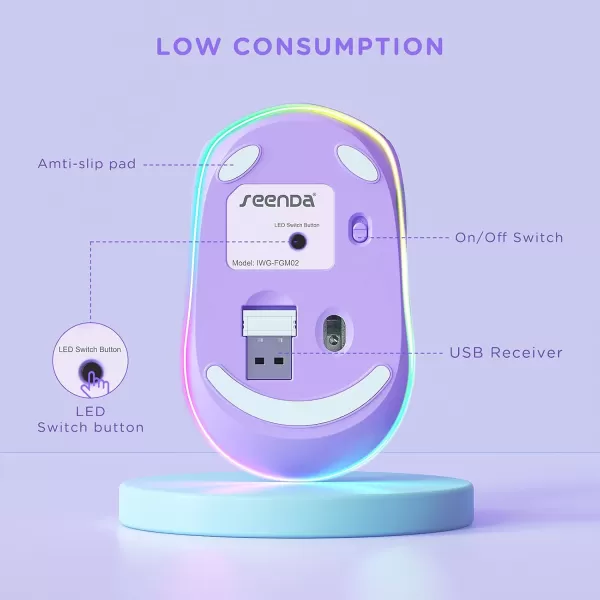 seenda Rechargeable Wireless Mouse Light Up Mouse for Laptop Small Cordless Mice with Quiet Click ampamp LED Lights for Kids Chromebook Windows Mac PC Computer  BlackA  Purple Kids Mouse