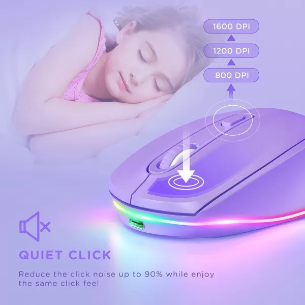 seenda Rechargeable Wireless Mouse Light Up Mouse for Laptop Small Cordless Mice with Quiet Click ampamp LED Lights for Kids Chromebook Windows Mac PC Computer  BlackA  Purple Kids Mouse