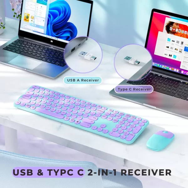 seenda Wireless Keyboard and Mouse USB ampamp Type C Keyboard Mouse Combo Full Size Pink Wireless Keyboard Compatible for Win 7810 MacBook ProAir Laptop PC  Pink PurplePurple Green