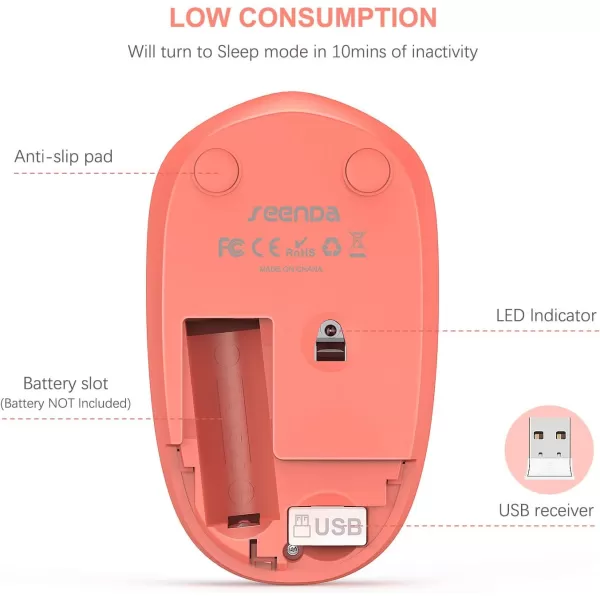 seenda Wireless Mouse 24G Noiseless Mouse with USB Receiver Portable Computer Mice for PC Tablet Laptop Notebook with Windows System  PinkLiving Coral