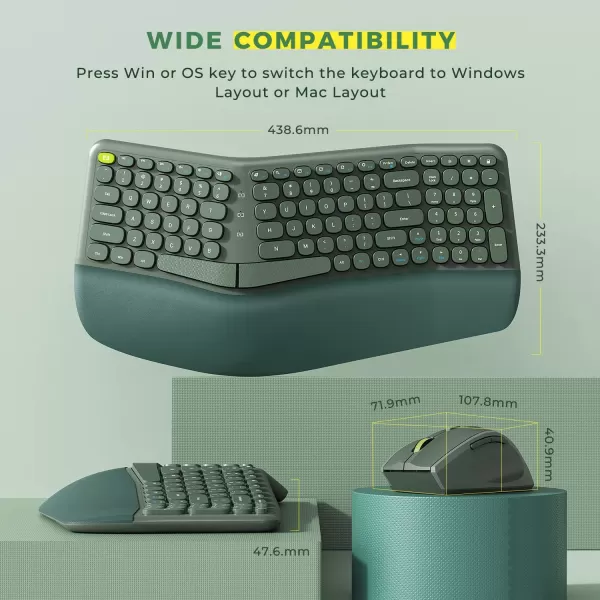 Ergonomic Wireless Keyboard and Mouse 24Ghz USB Receiver Ergo Keyboard with Split Keyboard Layout and Wrist Rest 3Level Optical Mouse Combos for Windows MacVintage Green