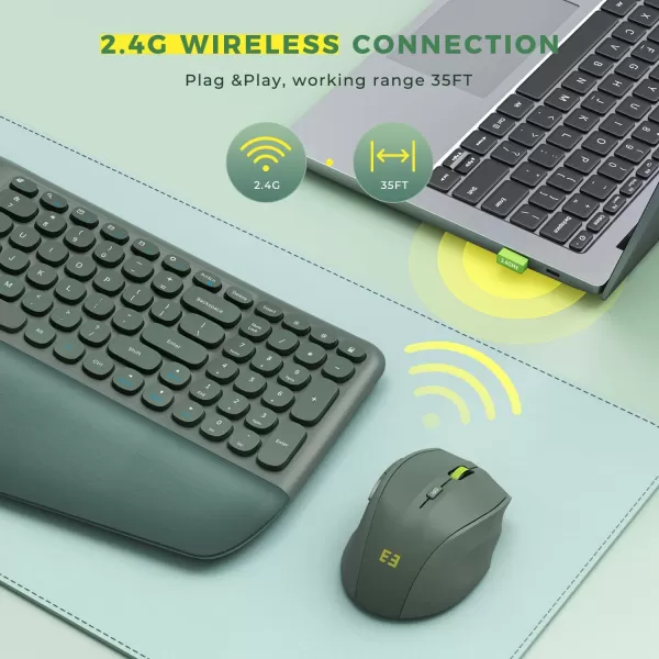 Ergonomic Wireless Keyboard and Mouse 24Ghz USB Receiver Ergo Keyboard with Split Keyboard Layout and Wrist Rest 3Level Optical Mouse Combos for Windows MacVintage Green