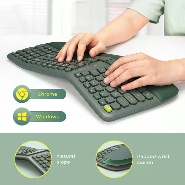 Ergonomic Wireless Keyboard and Mouse 24Ghz USB Receiver Ergo Keyboard with Split Keyboard Layout and Wrist Rest 3Level Optical Mouse Combos for Windows MacVintage Green