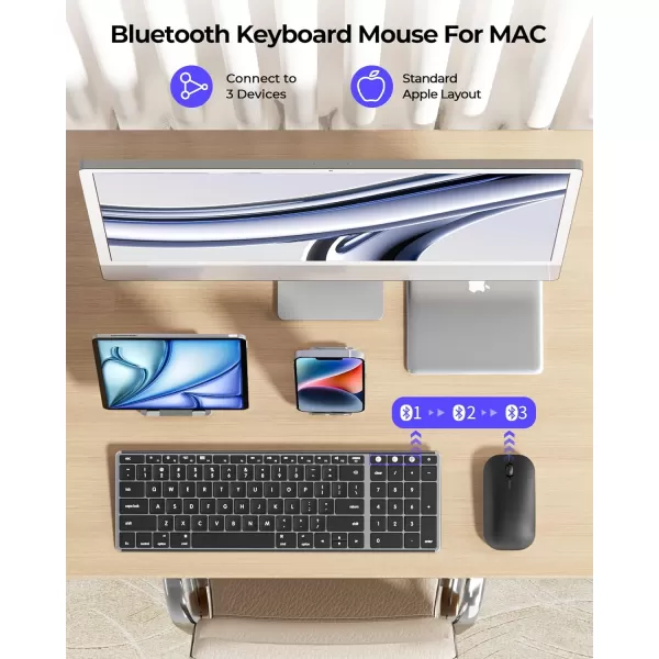 Wireless Bluetooth Keyboard and Mouse for Mac MultiDevice Rechargeable Slim Keyboard and Mouse Stainless Steel Full Size Compatible with MacBook ProAir iPad iMac  Space GraySpace Gray