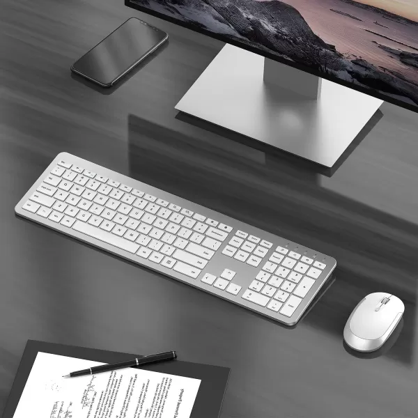 Wireless Keyboard and Mouse Combo  Full Size Slim Thin Wireless Keyboard Mouse with Numeric Keypad 24G Stable Connection Adjustable DPI White ampamp SilverSilver and White