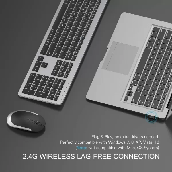 Wireless Keyboard and Mouse Combo  Full Size Slim Thin Wireless Keyboard Mouse with Numeric Keypad 24G Stable Connection Adjustable DPI White ampamp SilverBlack  Silver