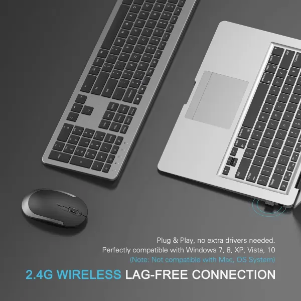Wireless Keyboard and Mouse Combo  Full Size Slim Thin Wireless Keyboard Mouse with Numeric Keypad 24G Stable Connection Adjustable DPI White ampamp SilverBlack  Grey