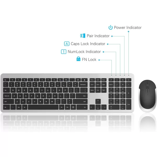 Wireless Keyboard and Mouse Combo  Full Size Slim Thin Wireless Keyboard Mouse with Numeric Keypad 24G Stable Connection Adjustable DPI White ampamp SilverBlack  Silver