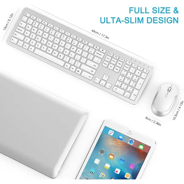 Wireless Keyboard and Mouse Combo  Full Size Slim Thin Wireless Keyboard Mouse with Numeric Keypad 24G Stable Connection Adjustable DPI White ampamp SilverSilver and White