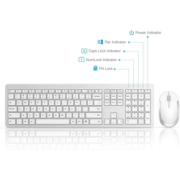 Wireless Keyboard and Mouse Combo  Full Size Slim Thin Wireless Keyboard Mouse with Numeric Keypad 24G Stable Connection Adjustable DPI White ampamp SilverSilver and White
