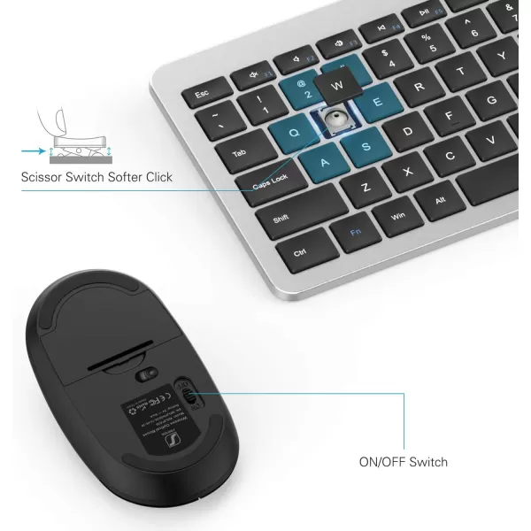 Wireless Keyboard and Mouse Combo  Full Size Slim Thin Wireless Keyboard Mouse with Numeric Keypad 24G Stable Connection Adjustable DPI White ampamp SilverBlack  Silver