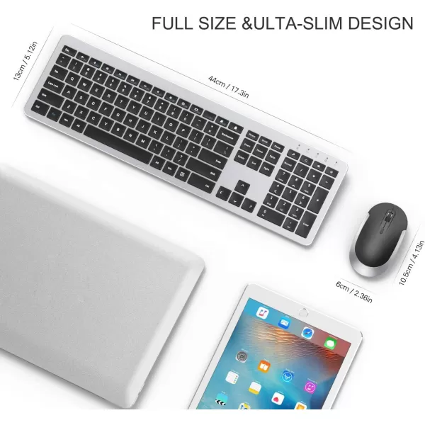 Wireless Keyboard and Mouse Combo  Full Size Slim Thin Wireless Keyboard Mouse with Numeric Keypad 24G Stable Connection Adjustable DPI White ampamp SilverBlack  Silver