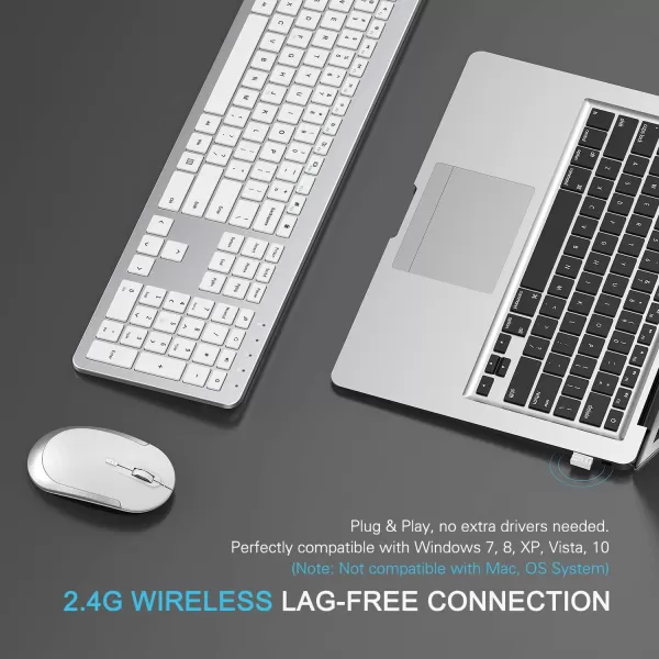 Wireless Keyboard and Mouse Combo  Full Size Slim Thin Wireless Keyboard Mouse with Numeric Keypad 24G Stable Connection Adjustable DPI White ampamp SilverSilver and White