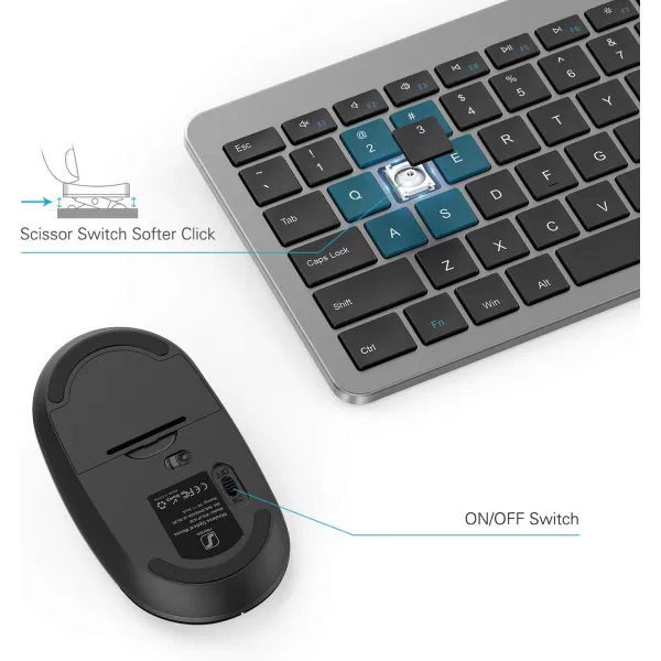 Wireless Keyboard and Mouse Combo  Full Size Slim Thin Wireless Keyboard Mouse with Numeric Keypad 24G Stable Connection Adjustable DPI White ampamp SilverBlack  Grey