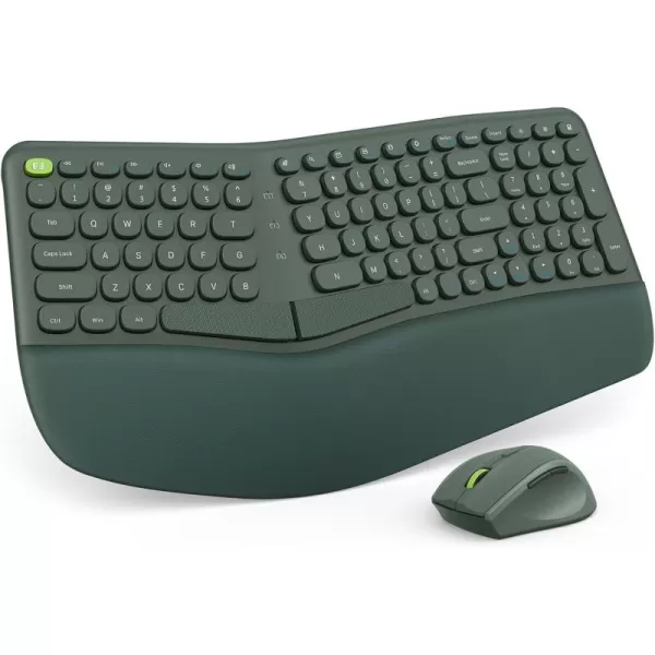 Ergonomic Wireless Keyboard and Mouse 24Ghz USB Receiver Ergo Keyboard with Split Keyboard Layout and Wrist Rest 3Level Optical Mouse Combos for Windows MacVintage Green