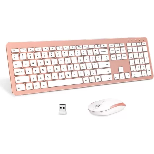 Wireless Keyboard and Mouse Combo  Full Size Slim Thin Wireless Keyboard Mouse with Numeric Keypad 24G Stable Connection Adjustable DPI White ampamp SilverRose Gold