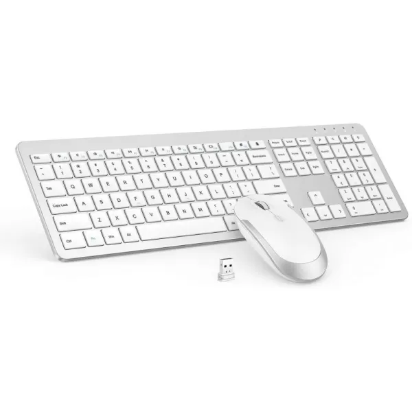 Wireless Keyboard and Mouse Combo  Full Size Slim Thin Wireless Keyboard Mouse with Numeric Keypad 24G Stable Connection Adjustable DPI White ampamp SilverSilver and White