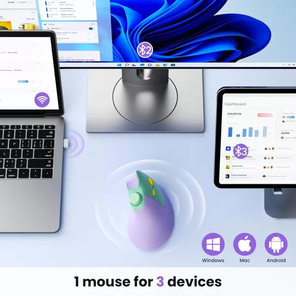 seenda Ergonomic Mouse Rechargeable Vertical Wireless Mouse with Volume knob Quiet clicks 3 Device Connection Bluetooth or USB Optical Mice for Windows PCMac PurplePurple