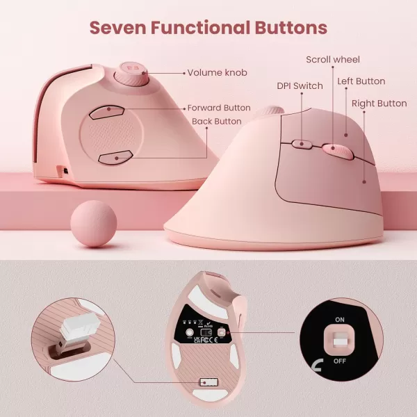 seenda Ergonomic Mouse Rechargeable Vertical Wireless Mouse with Volume knob Quiet clicks 3 Device Connection Bluetooth or USB Optical Mice for Windows PCMac PurpleRose