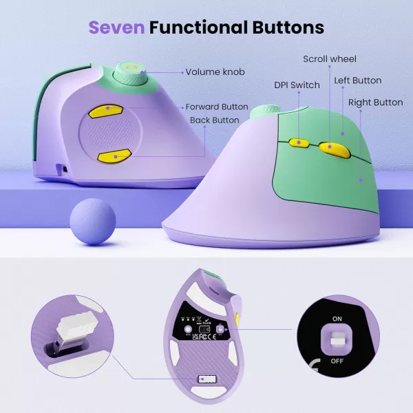 seenda Ergonomic Mouse Rechargeable Vertical Wireless Mouse with Volume knob Quiet clicks 3 Device Connection Bluetooth or USB Optical Mice for Windows PCMac PurplePurple