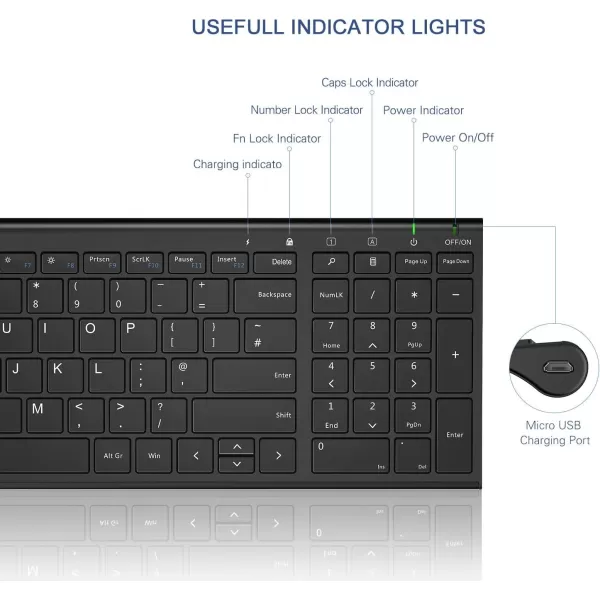 seenda Rechargeable Wireless Keyboard Mouse Ultra Thin Low Profile Wireless Keyboard and Mouse Combo with Number Pad for Windows XP78101111 Pro Black and GreyRechargeable Wireless Keyboard Mouse Black