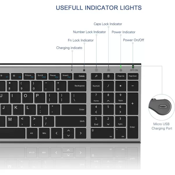 seenda Rechargeable Wireless Keyboard Mouse Ultra Thin Low Profile Wireless Keyboard and Mouse Combo with Number Pad for Windows XP78101111 Pro Black and GreyBlack and Grey