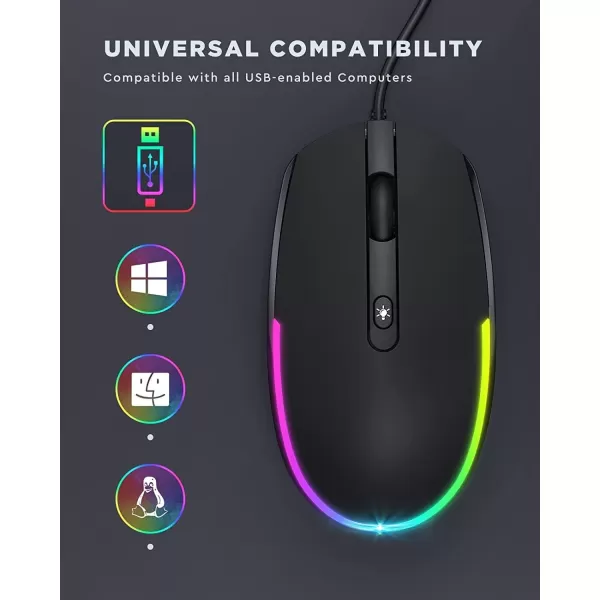 seenda Wired Mouse  USB Computer Mouse Wired with RGB Backlit Optical LED Mouse with Attached USB Cord for Laptops Notebooks Chromebook  BlackBlack