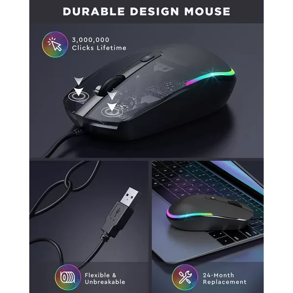 seenda Wired Mouse  USB Computer Mouse Wired with RGB Backlit Optical LED Mouse with Attached USB Cord for Laptops Notebooks Chromebook  BlackBlack